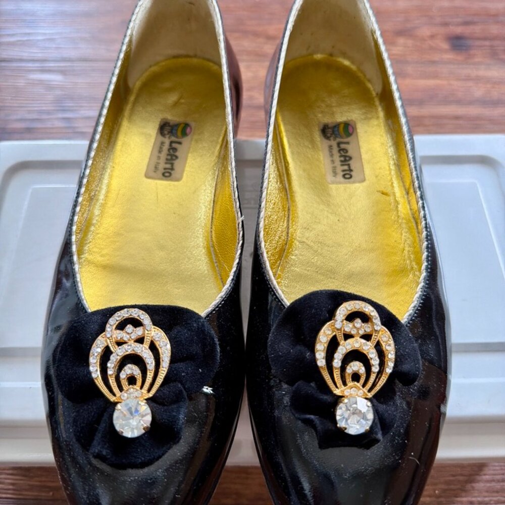 LeArto Italy Black Patent Flats Velvet Bow Rhinestone Brooch Size 37 (7)